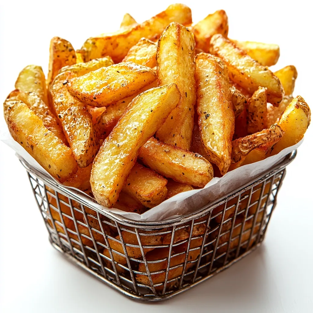 A wire basket overflows with golden-brown, seasoned potato wedges.  The fries are thick-cut and appear crispy, with visible seasoning.  They're nestled in a white paper liner within the basket, suggesting freshly cooked, hot french fries ready to be enjoyed. The overall image is bright and appetizing.