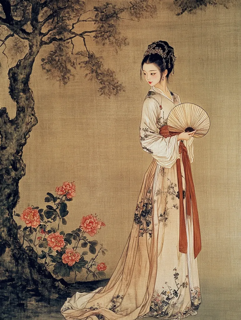 The painting depicts a graceful woman in traditional Chinese attire. She stands elegantly, holding a delicate, pale fan, her gaze cast downward in a pensive mood. Her flowing gown is adorned with subtle floral patterns, and a long crimson sash adds a touch of vibrant color.  Behind her, a gnarled tree and blooming pink flowers form a serene backdrop, enhancing the overall sense of tranquility and beauty.