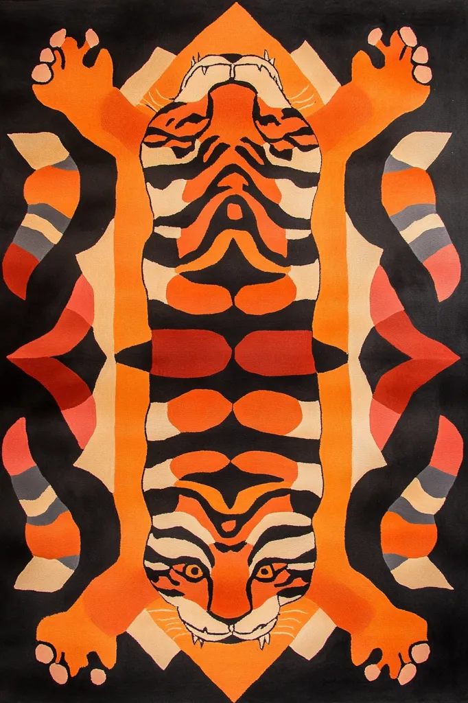 A stylized tiger is depicted in a vibrant tapestry. The design is symmetrical, with the tiger's body forming a vertical axis.  The color palette consists of bold oranges, blacks, and creams.  The tiger's stripes are simplified, contributing to the overall bold, graphic style. The background is black, making the tiger's orange hues stand out prominently. The artwork's style evokes a mid-century modern aesthetic.