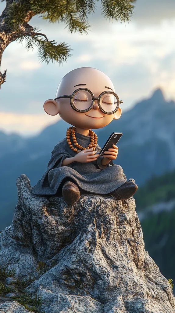 A cute, bald, cartoon monk wearing glasses and a grey robe sits peacefully on a rock, overlooking a mountain landscape.  He holds a smartphone, eyes closed in serene contemplation.  Wooden prayer beads rest around his neck.  A pine branch provides shade overhead, creating a tranquil and whimsical scene.
