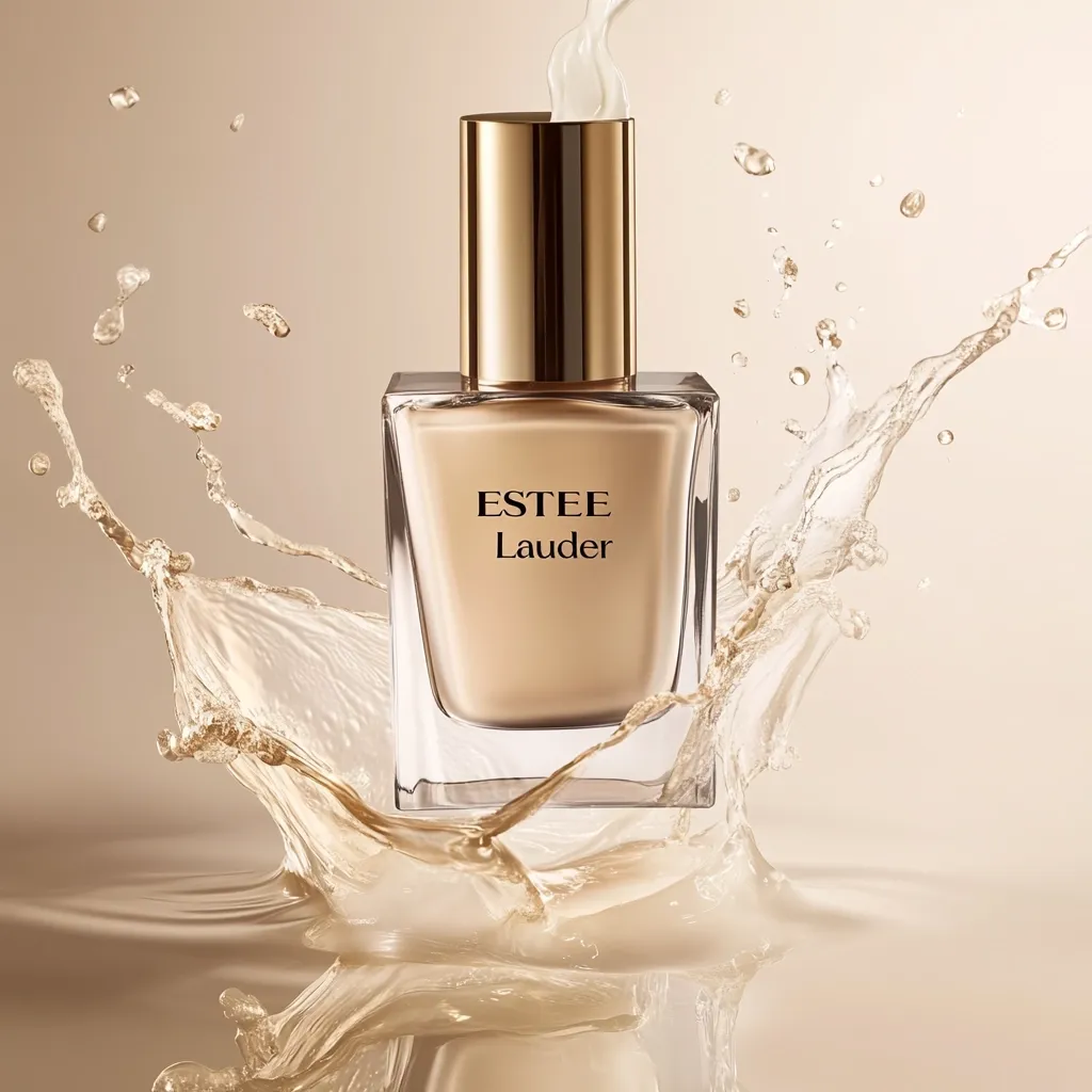An Estee Lauder bottle sits in a splash of its own light beige liquid. The bottle is square with a gold cap and a clear glass body.  The brand name is elegantly printed on the front.  The image is clean and luxurious, emphasizing the product's creamy texture and sophisticated aesthetic. The background is a soft, warm beige.
