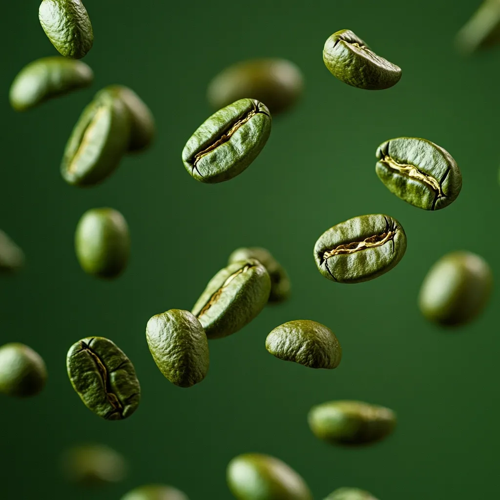 Many green coffee beans float against a deep green background.  They are suspended in mid-air, appearing to move dynamically. The beans vary slightly in size and orientation, showcasing their natural form and color.  The image focuses on the texture and vibrancy of the unroasted beans, highlighting their rich green hue.