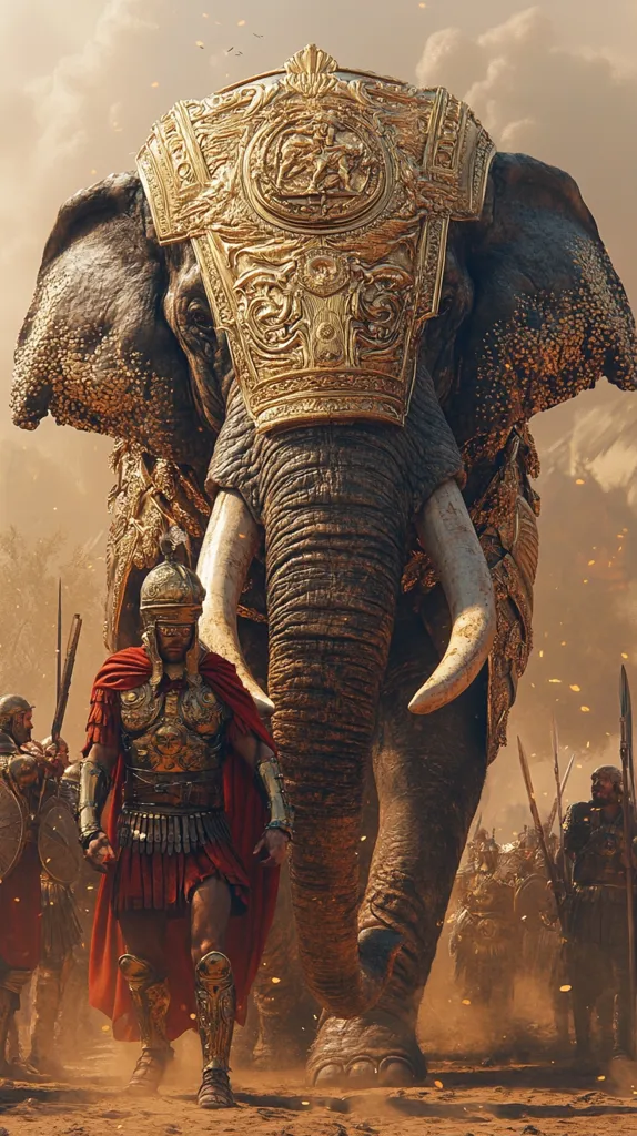 A majestic war elephant, adorned with ornate golden armor, leads a Roman legion.  A soldier in full regalia walks before the beast, his gaze forward.  Other soldiers with spears and shields follow, creating a powerful image of ancient warfare. Dust rises from the ground, emphasizing the movement and scale of the scene. The overall tone suggests a moment of powerful military might.