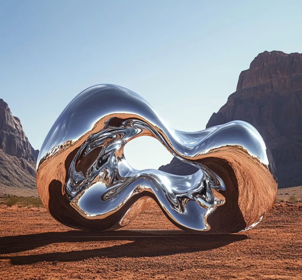 A large, abstract sculpture of polished chrome rests on a red desert landscape.  The sculpture's form is fluid and organic, resembling a molten metal blob with a central opening.  Towering red rock formations rise in the background under a clear blue sky, creating a stark contrast between the smooth, reflective sculpture and the rugged natural environment.