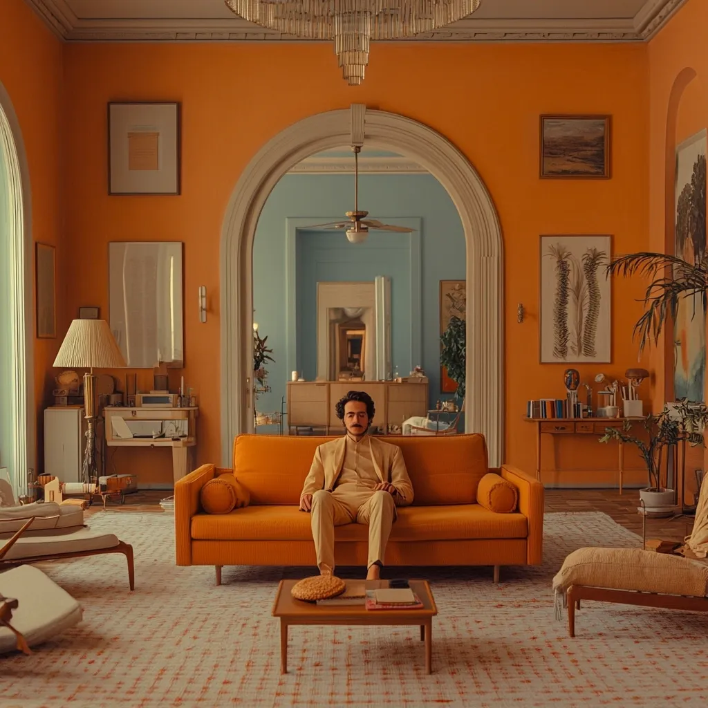A man in a beige suit sits on an orange sofa in a sun-drenched living room.  The room is decorated in warm orange and light blue tones, featuring arched doorways, mid-century modern furniture, and artwork on the walls.  A large chandelier hangs from the high ceiling. The overall aesthetic is sophisticated and retro.  The scene is calm and serene.