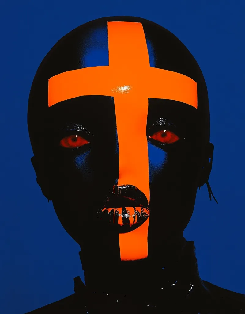 A close-up portrait showcases a person with bald head, dark skin, and bright red eyes.  A bold, orange cross is painted across their face, contrasting sharply against the dark makeup.  The lips are dark, glossy, and the overall aesthetic is dramatic and stylized, evoking a sense of bold artistry and possibly religious or symbolic themes. The background is a solid, deep blue.