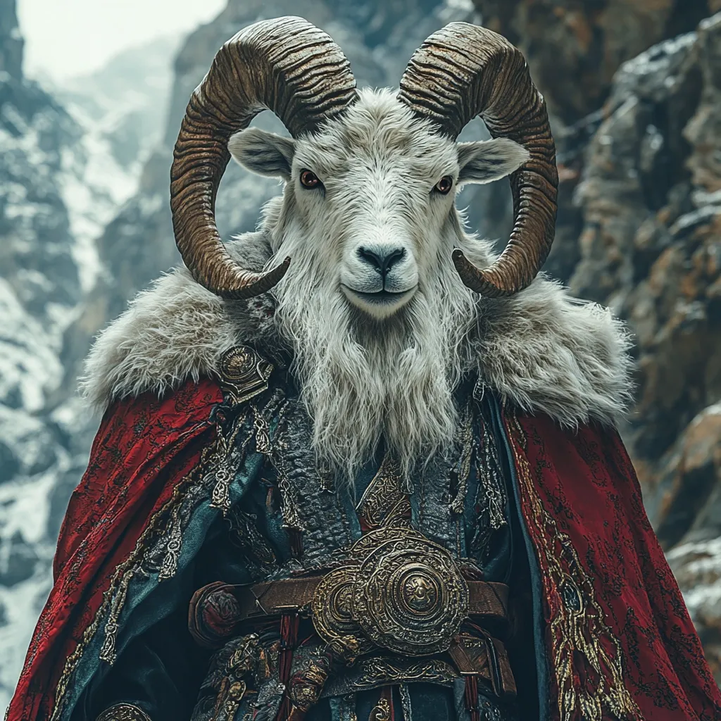 A majestic ram, with large, curled horns, is depicted wearing ornate clothing.  The ram is dressed in a rich, dark teal robe with gold embroidery, a red cloak lined with fur, and a large, intricately designed gold belt.  The background suggests a mountainous, possibly wintry landscape. The ram's expression is calm and regal, giving it an air of authority.