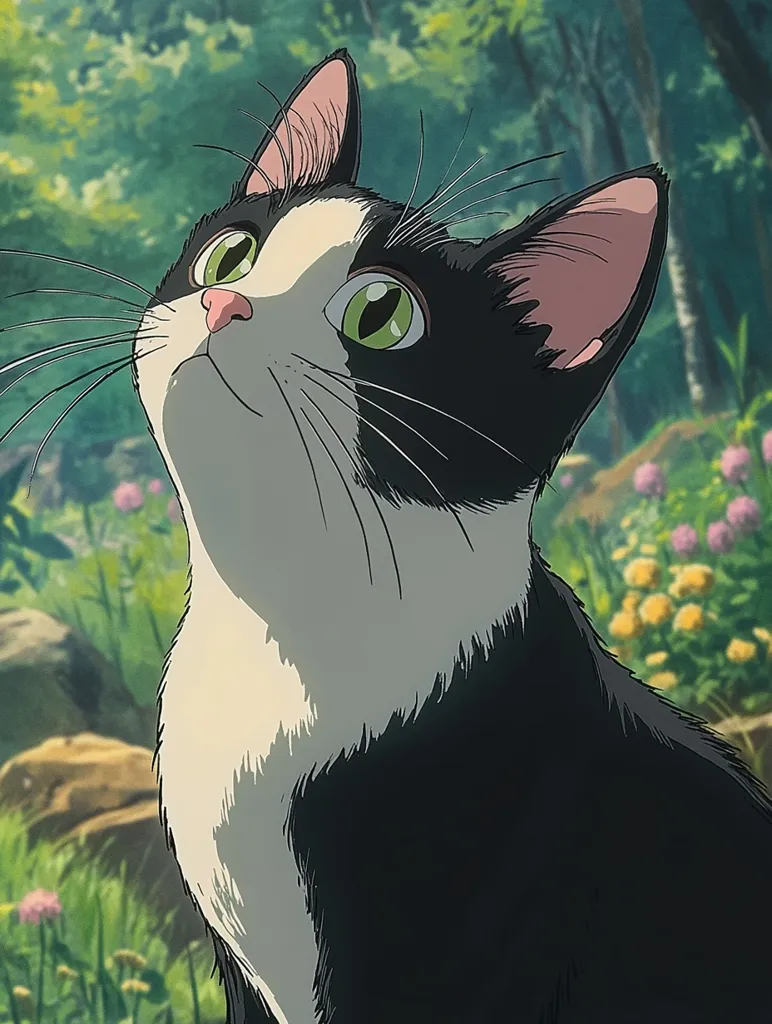 A tuxedo cat with striking green eyes gazes upward, its head tilted slightly.  The cat's fur is meticulously detailed, contrasting its black and white markings. The background is a softly blurred depiction of a sun-dappled forest, with hints of wildflowers adding to the serene atmosphere. The overall style suggests an anime or animation aesthetic.