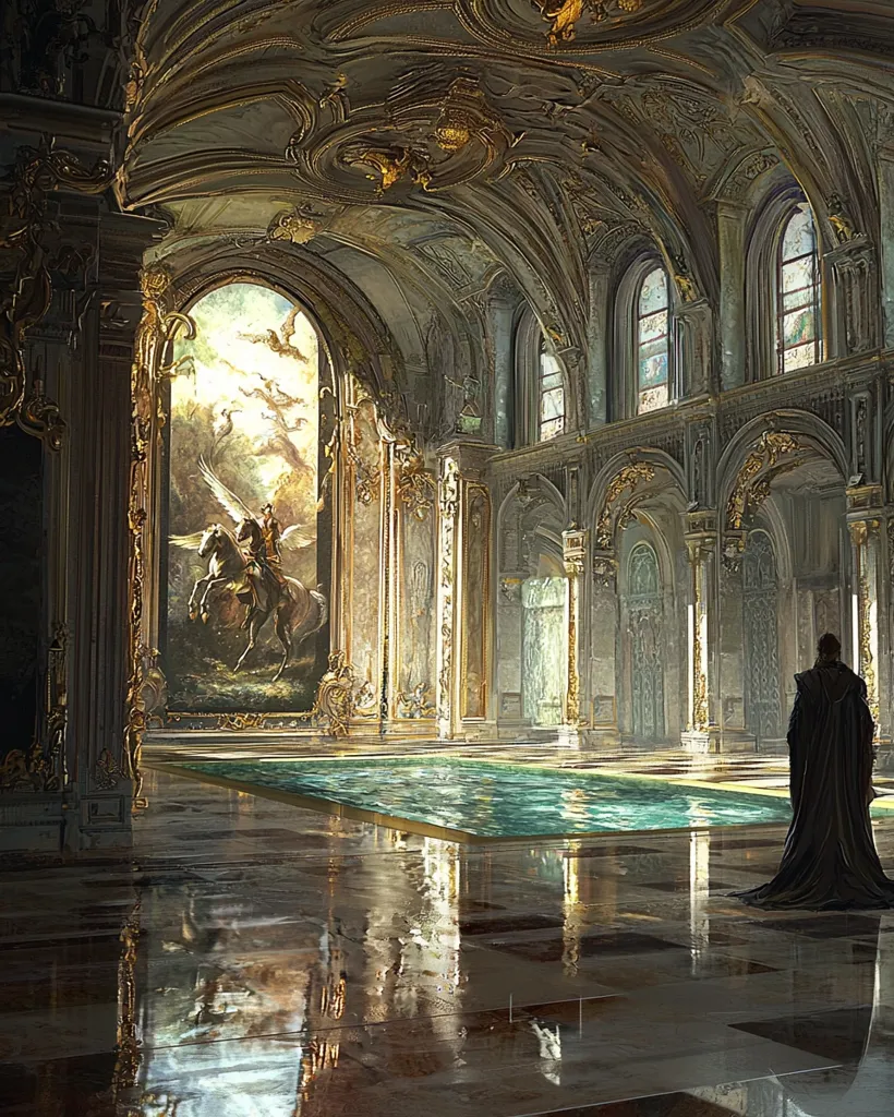 A grand, opulent hall with a high, ornate ceiling and arched windows is depicted.  A large painting of a knight on horseback, flanked by angels, dominates one wall.  A turquoise pool reflects the hall's elaborate details and a lone figure in dark robes stands near the pool, adding a sense of mystery to the scene. The floor is highly polished, reflecting the light and the architecture.  The overall atmosphere is one of grandeur and quiet solitude.