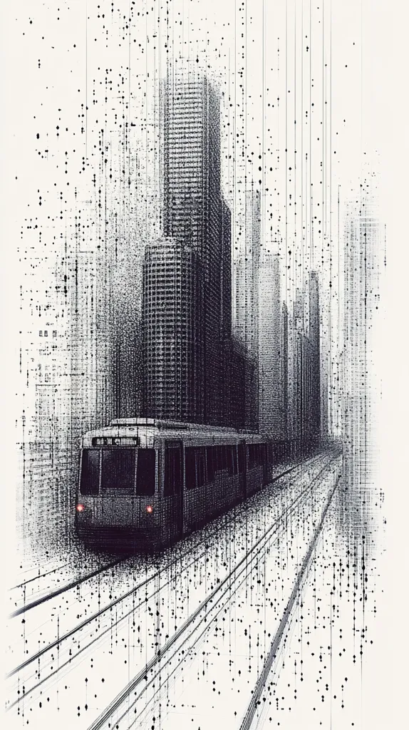 A black and white illustration depicts a light rail train moving through a city.  The cityscape is rendered in a pointillist style, with buildings depicted as collections of small dots and lines, creating a sense of depth and movement. The train itself is detailed, contrasting with the more abstract background, emphasizing its journey through the urban landscape. The overall effect is one of motion and urban dynamism.