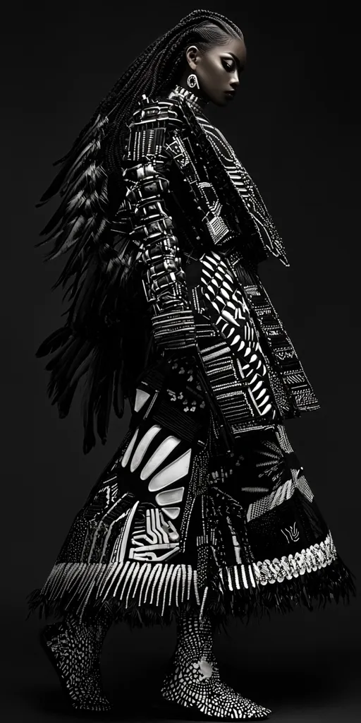 A Black woman with long braids models a striking black and white ensemble. The outfit features intricate geometric patterns and beaded embellishments, accented by long feather fringes.  Her footwear matches the outfit's design, creating a cohesive and dramatic look against a dark background. The photograph emphasizes the clothing's texture and the model's poised stance.