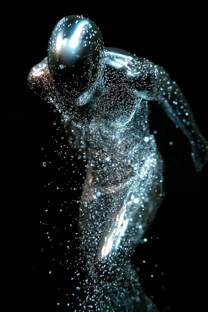 A digital rendering showcases a metallic, humanoid figure seemingly dissolving or transforming.  The figure is sculpted with a smooth, reflective surface, but tiny, luminous particles emanate from its form, creating a trail of glittering dust against a stark black background. The pose suggests movement or action, adding to the sense of dynamic change.  The overall effect is ethereal and otherworldly.