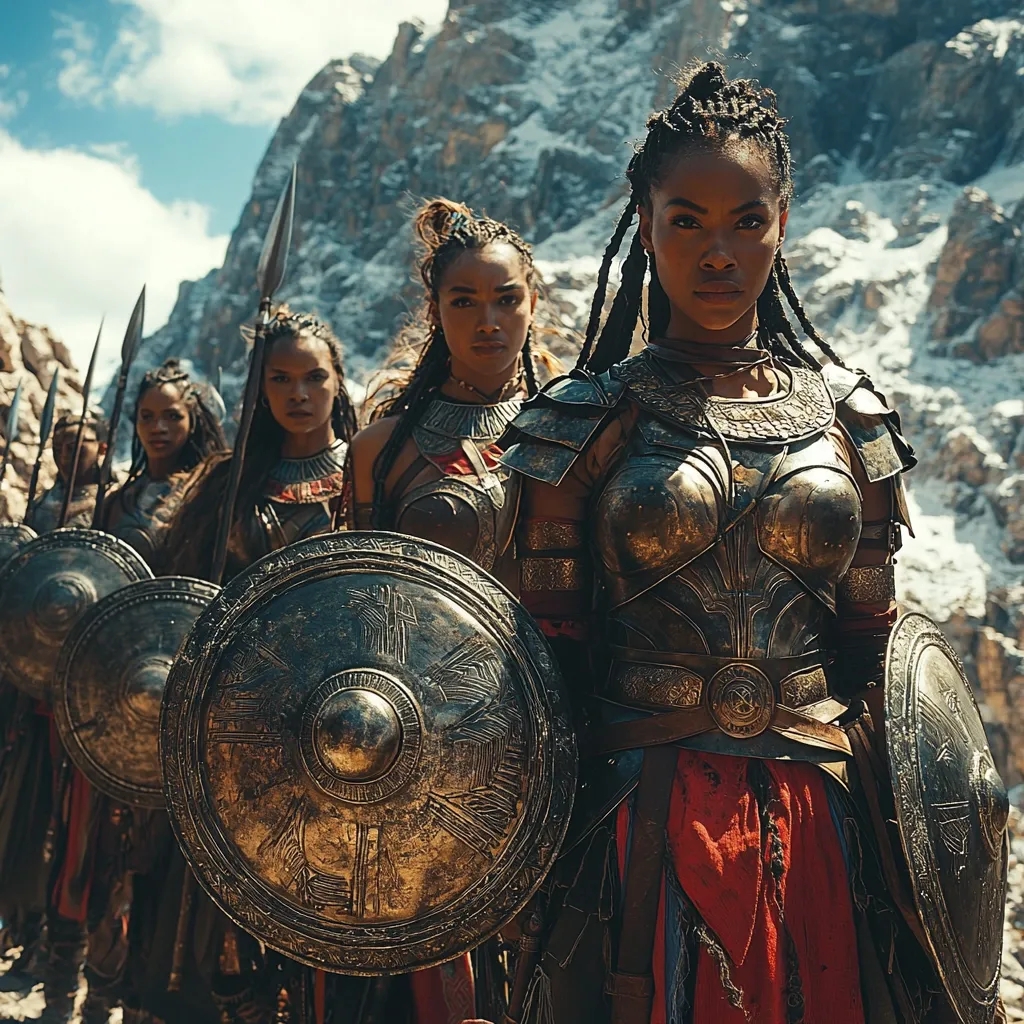 A line of powerful, dark-skinned female warriors stands defiantly against a dramatic mountain backdrop.  Clad in ornate bronze armor and carrying intricately designed shields and spears, they project strength and resilience.  The central figure commands attention with her serious gaze, showcasing the unit's unwavering resolve. The scene evokes a sense of ancient battle and feminine power.