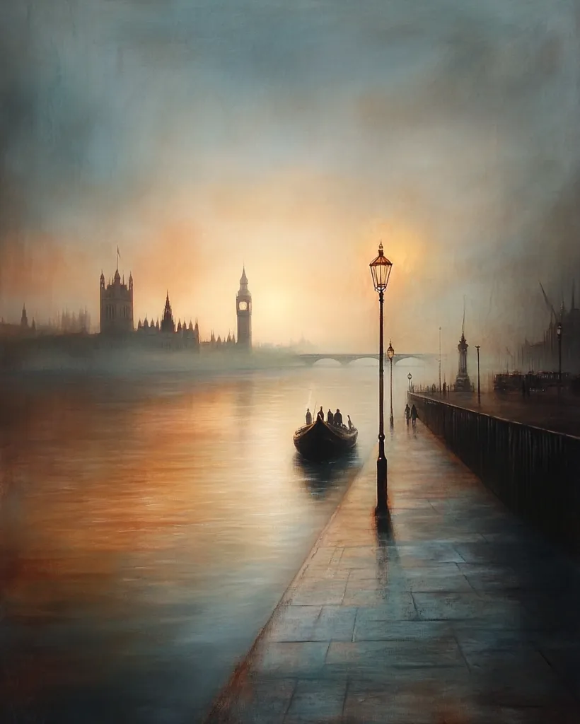 A hazy sunset casts a warm glow over the Thames River in London.  The Houses of Parliament and Big Ben are silhouetted in the distance, shrouded in mist. A small boat carrying passengers sits quietly on the water near a lamplit embankment. The scene evokes a tranquil, atmospheric mood, emphasizing the serenity of the city at dusk.