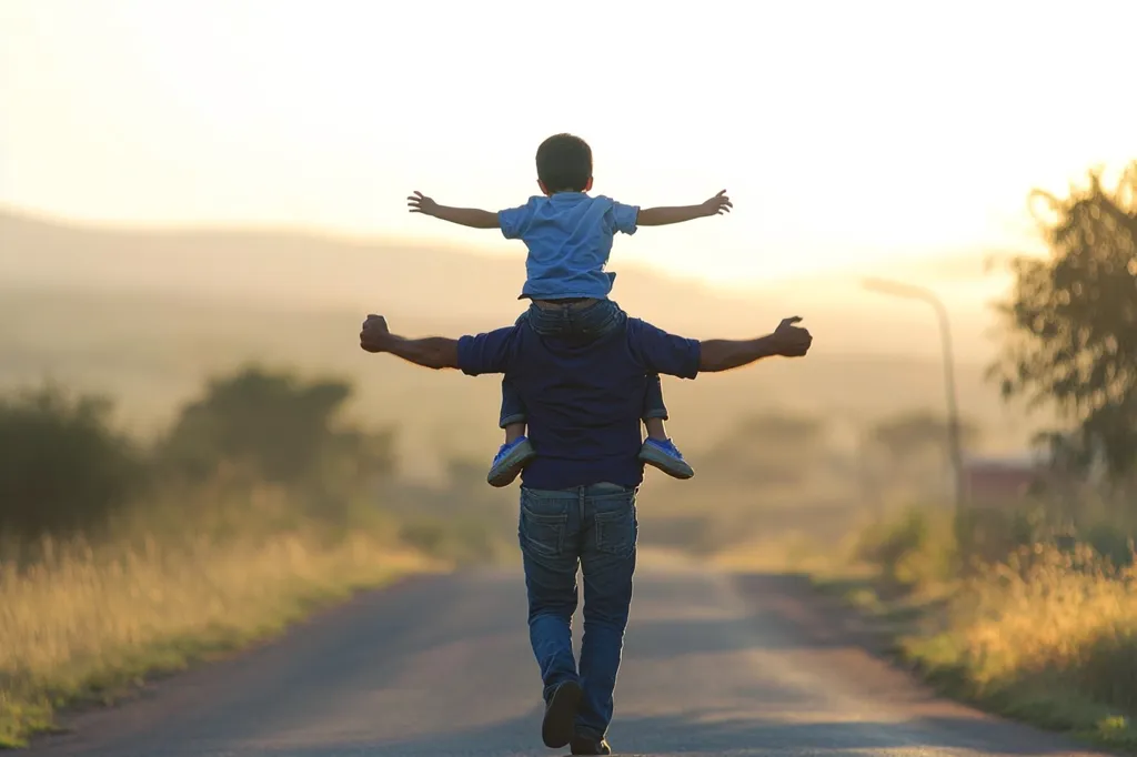 A father carries his young son on his shoulders down a rural road at sunset. The boy has his arms outstretched, enjoying the ride. The father walks with a confident stride, his silhouette cast against the warm glow of the setting sun.  The scene evokes a sense of joy, freedom, and the strong bond between a father and son.