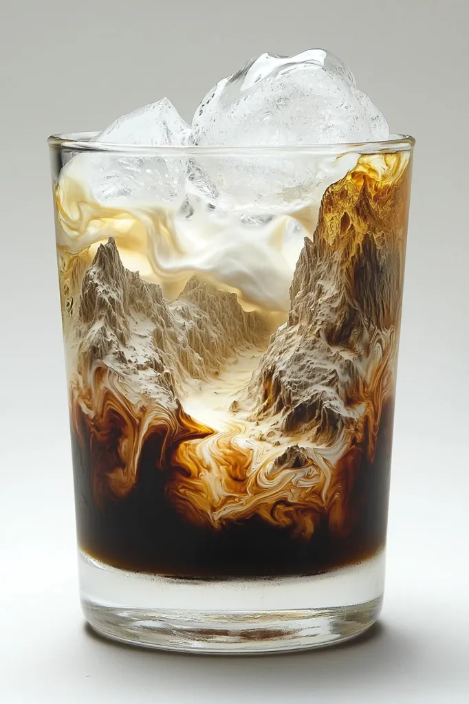 A rocks glass contains a meticulously crafted coffee drink.  Cream and coffee create a stunning, three-dimensional landscape resembling a mountain range, complete with valleys and peaks. Ice cubes rest on top, adding to the visual appeal. The contrast between the light cream and dark coffee is striking, resulting in a visually captivating beverage.