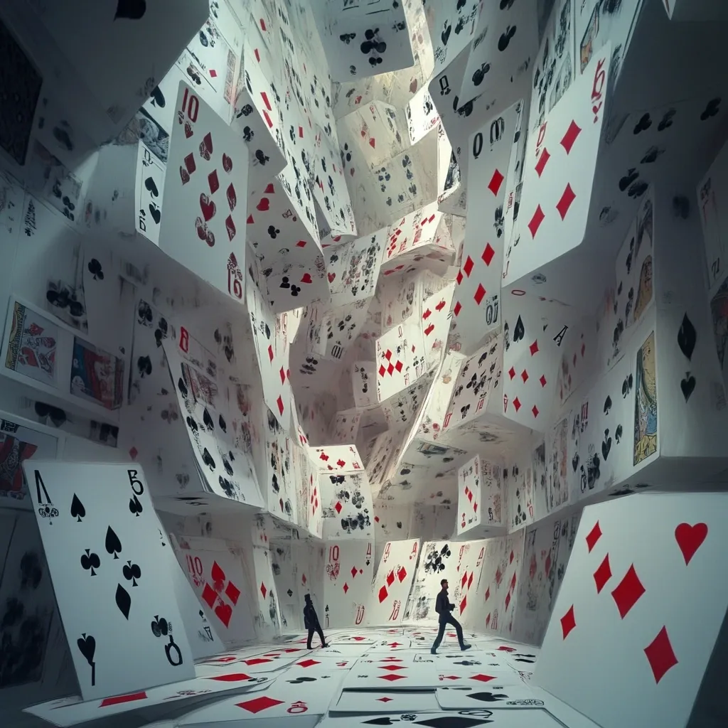 Two figures stand within a vast, surreal chamber formed entirely of oversized playing cards.  The cards, in various orientations, create a dizzying, three-dimensional maze.  The scene evokes a dreamlike atmosphere, suggestive of a whimsical or perhaps unsettling game of chance. The overall effect is one of disorientation and visual intrigue.