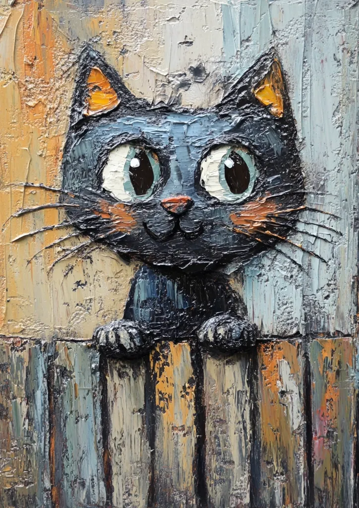 A playful impasto painting depicts a dark-grey cat peeking over a textured wooden fence.  The cat has large, expressive eyes and orange-hued markings on its cheeks.  The background is a palette of muted earth tones and greys, complementing the cat's color. The thick application of paint creates a three-dimensional effect, adding to the artwork's charm.