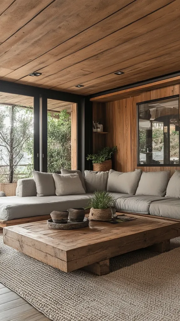 A rustic living room features a large, low-slung sectional sofa in light gray linen, complemented by a substantial square coffee table crafted from reclaimed wood.  The room boasts a wood-paneled ceiling and walls, adding to its cozy, cabin-like atmosphere.  Large windows offer abundant natural light and views of lush greenery.  A neutral-toned rug anchors the seating area, creating a serene and inviting space.