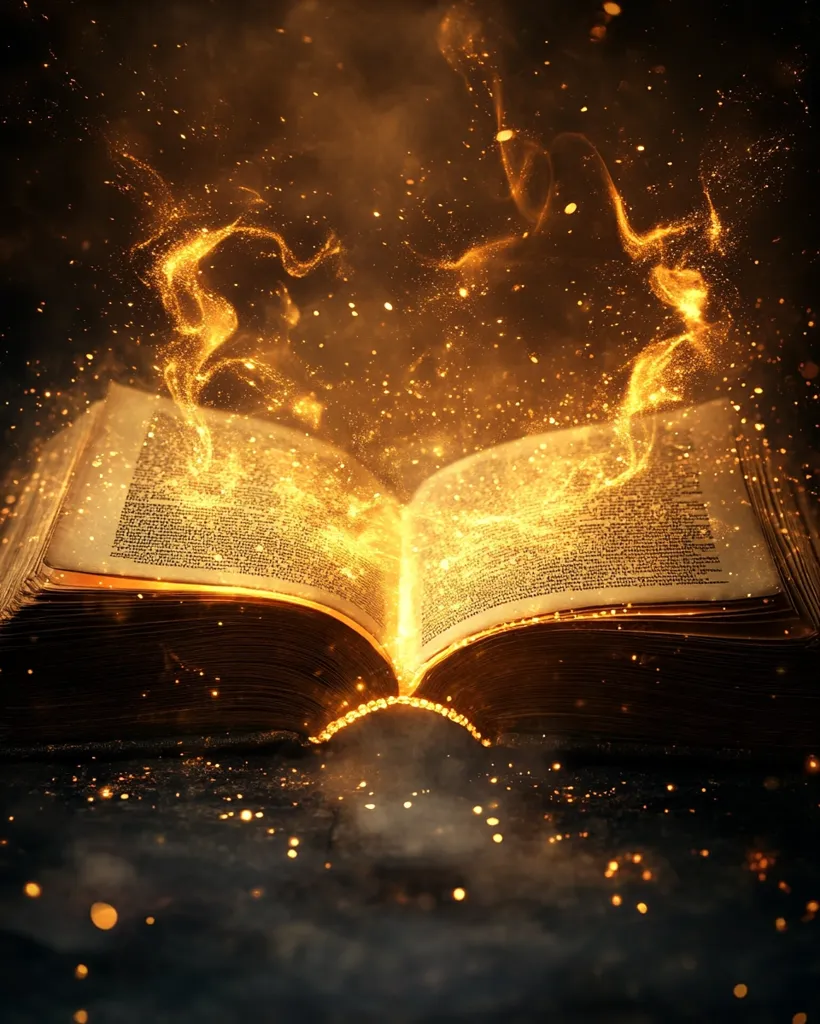 An antique book lies open, emanating a golden, ethereal glow.  Sparkling particles and swirling light rise from its pages, creating a magical, otherworldly ambiance.  The dark background enhances the mystical effect, suggesting ancient secrets and untold stories held within the book's aged leaves.  The scene evokes feelings of wonder and the power of knowledge.