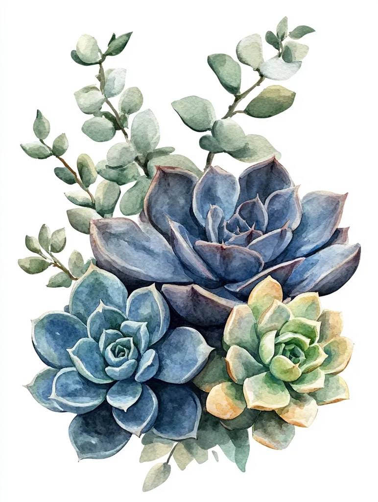 A watercolor painting showcases a charming bouquet of succulents and eucalyptus.  Three succulents, in shades of bluish-grey, green, and yellow-green, are artfully arranged, their rosette shapes highlighted. Delicate eucalyptus sprigs with muted green leaves surround the succulents, creating a lush, botanical composition against a crisp white background. The painting style is soft and realistic.