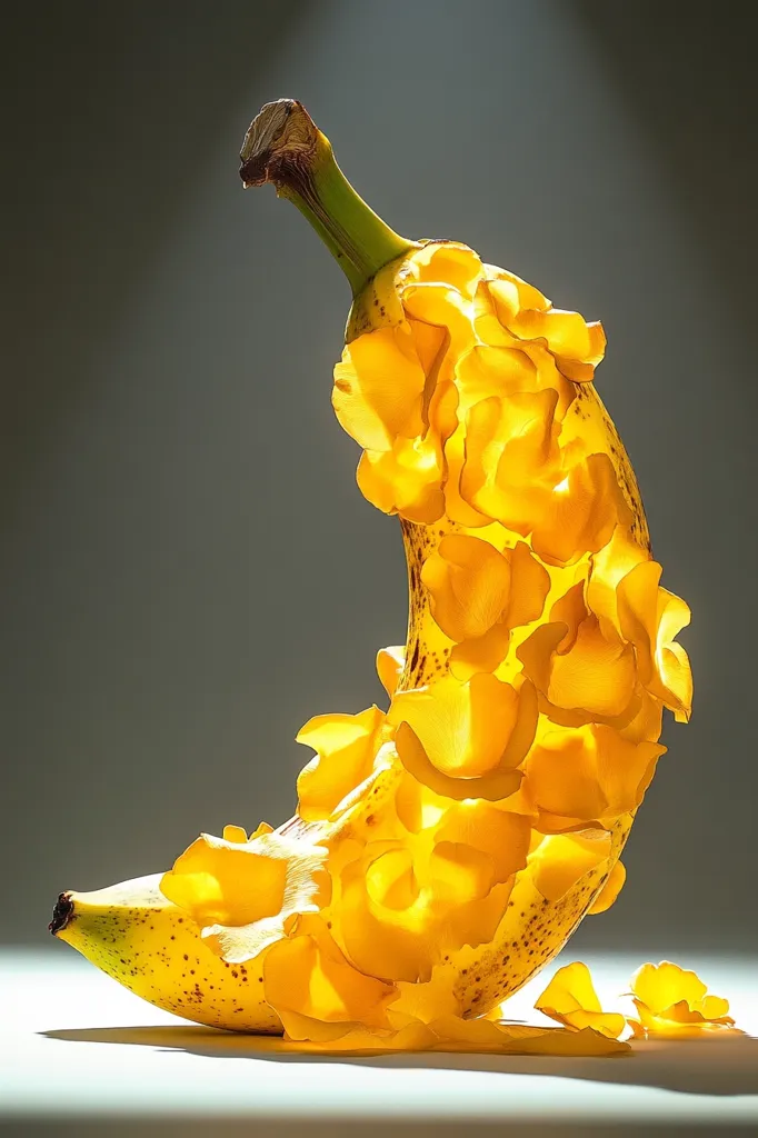 A single banana is artfully presented, its peel meticulously separated into numerous thin, translucent yellow petals.  These petals, backlit, create a radiant, almost floral effect around the banana's form. The banana itself appears ripe, its skin speckled with dark spots. The overall composition is striking, highlighting the unexpected beauty of a common fruit.
