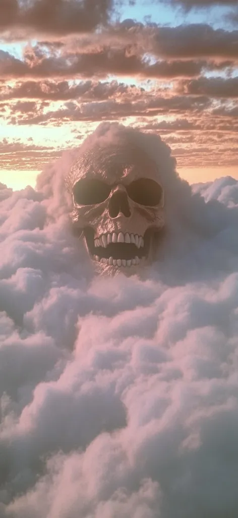 A large, detailed skull emerges from a field of fluffy clouds against a pastel sunset sky.  The skull's jaw is agape, revealing teeth. The overall mood is surreal and slightly unsettling, blending elements of beauty and macabre.  The soft, dreamy clouds contrast with the harsh lines of the skull, creating a visually striking image.