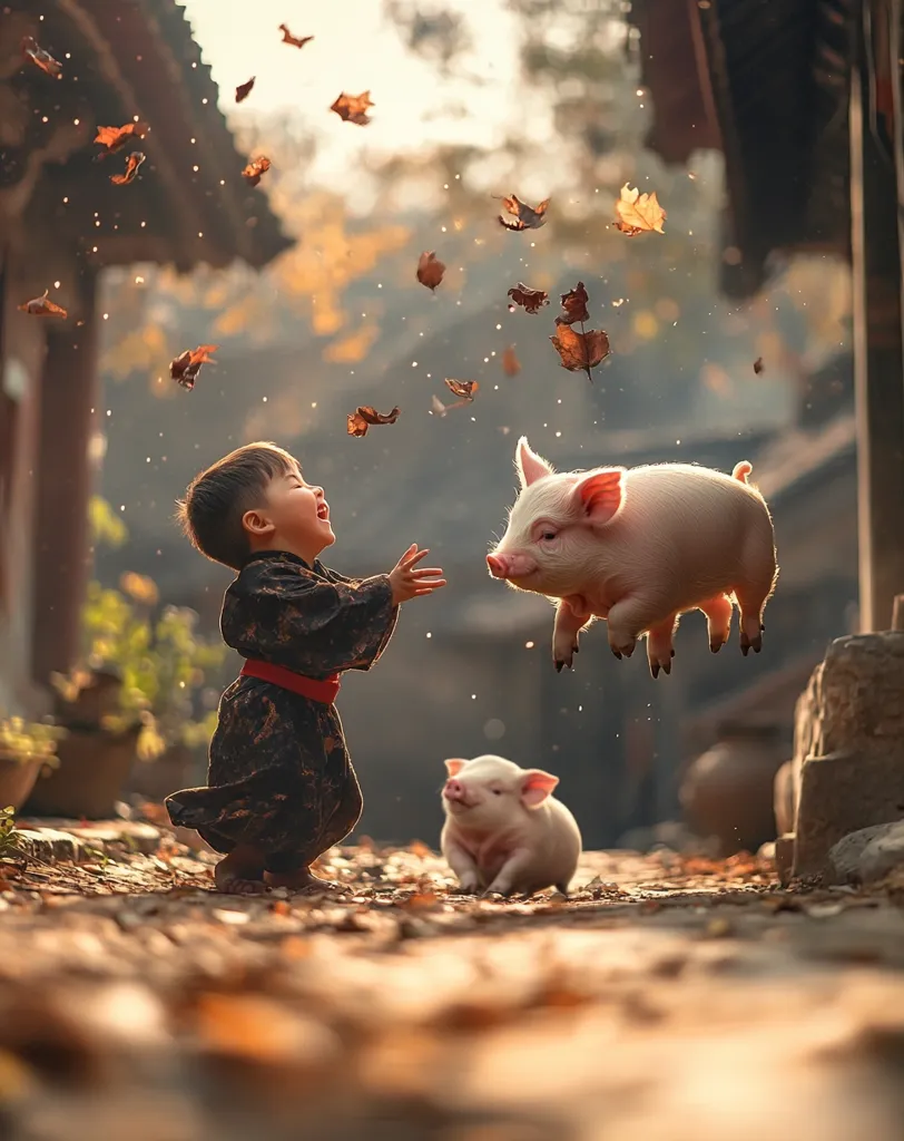 A young child in traditional clothing joyfully interacts with two piglets in a charming autumnal setting.  Falling leaves create a magical atmosphere as one piglet appears to be playfully airborne. The scene evokes a sense of wonder and innocent delight, capturing a heartwarming moment between a child and animals. The rustic background adds to the image's idyllic charm.