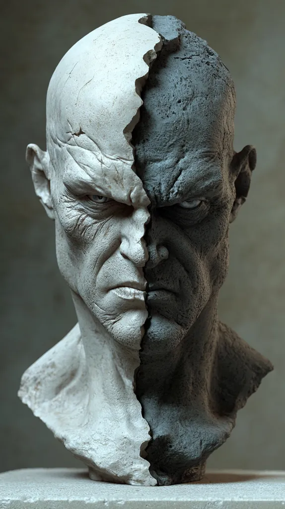 A striking bust sculpture depicts a man's head bisected, revealing contrasting textures and tones. One half is smooth, light gray, while the other is rough, dark gray.  The face is weathered and intense, with deeply etched wrinkles and a stern expression.  The cracked division creates a dramatic visual of duality or internal conflict. The overall effect is powerful and evocative.