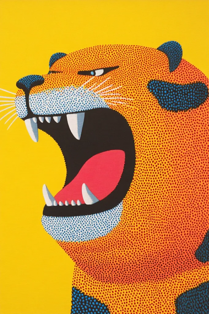 A vibrant, stylized tiger's head dominates the composition, its mouth wide open in a roar.  The artwork utilizes a pointillist technique, creating texture with tiny dots of orange, red, yellow, blue, and white. The bold colors and simplified forms create a striking, almost cartoonish effect against the solid yellow background. The tiger's expression is fierce yet playful.