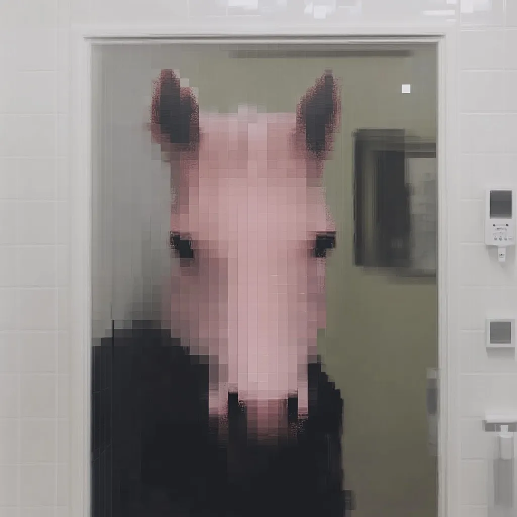 A pixelized image shows a person wearing a light pink horse mask.  The individual is seen through a door or mirrored surface in a minimalist, tiled room. The background is blurry but reveals a muted green wall and a framed picture. The overall aesthetic is stark and slightly unsettling.