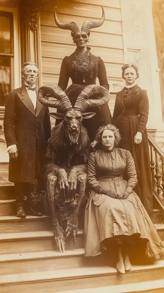 A sepia-toned photograph depicts a family posed on a porch with three costumed figures resembling demonic entities. A woman wears large horns, another sits as a goat-like creature, while a third is a horned beast.  Two men and two women in period clothing flank the costumed figures, creating a surreal and unsettling scene. The image evokes a sense of the macabre and possibly relates to a theatrical production or a Halloween celebration from a bygone era.