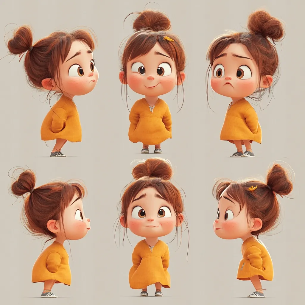 Six adorable 3D renderings of a little girl with brown hair in a topknot, wearing a mustard-yellow dress.  She displays various expressions: pensive, happy, sad, and curious, showcasing a range of emotions. The style is cute and expressive, with large eyes and rosy cheeks. The poses are dynamic, offering a playful and versatile character design.