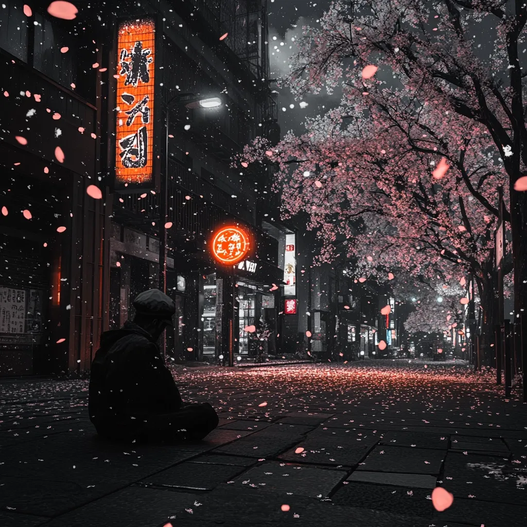 A lone figure sits on a city street, silhouetted against a backdrop of illuminated Japanese shops and a blossoming cherry tree. Pink petals fall like snow, blanketing the ground.  Neon signs glow warmly, contrasting with the otherwise dark and moody atmosphere.  The scene evokes a sense of quiet contemplation amidst urban beauty.