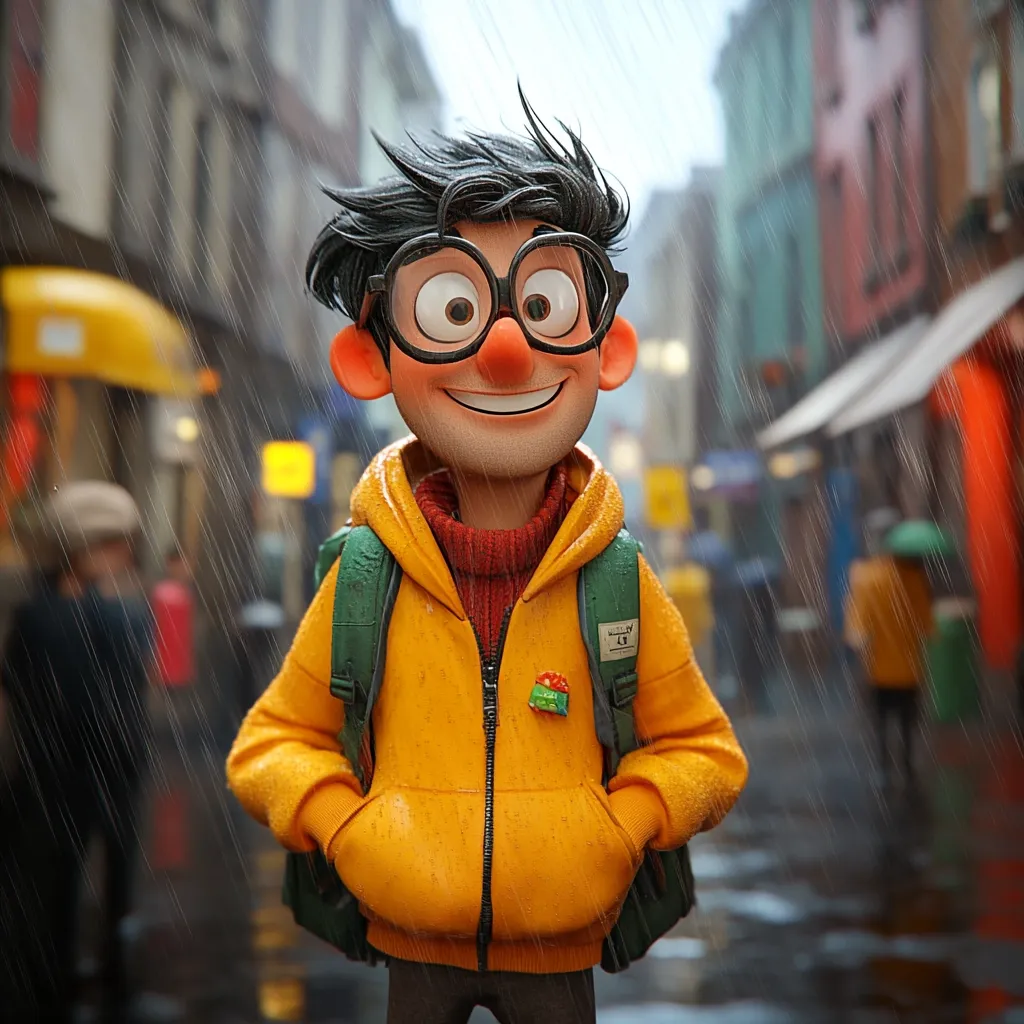 A cheerful, cartoonish boy with glasses and a bright yellow hooded jacket stands in a rain-swept city street.  He carries a green backpack and smiles warmly, his expression conveying happiness despite the downpour.  The background is blurred, showcasing a bustling, wet urban scene with pedestrians and buildings. The overall style is 3D rendered and vibrant.
