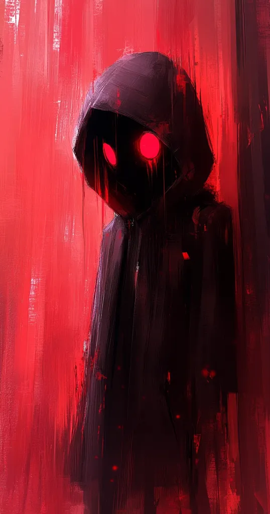 A digital painting depicts a hooded figure against a vibrant red background.  The figure's face is obscured, but glowing red eyes are visible. The style is expressive and painterly, with visible brushstrokes creating a textured effect. The overall mood is dark and mysterious, suggesting a sense of foreboding or hidden power.  The red background enhances the figure's ominous presence.