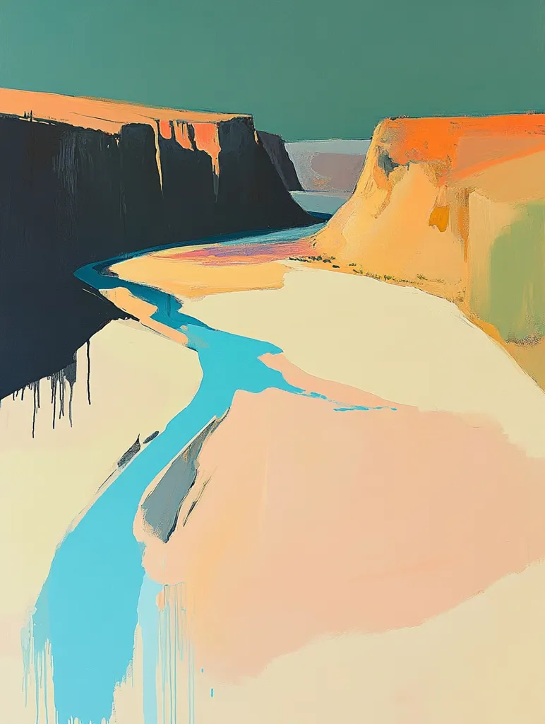 An abstract landscape painting depicts a river winding through a canyon.  The river is a vibrant turquoise, contrasting with the warm, peachy tones of the sandy banks and the dark, almost black, cliffs.  The style is impressionistic, with bold brushstrokes and a focus on color and form rather than precise detail.  The overall mood is serene yet dramatic, suggesting a vast and untouched wilderness.