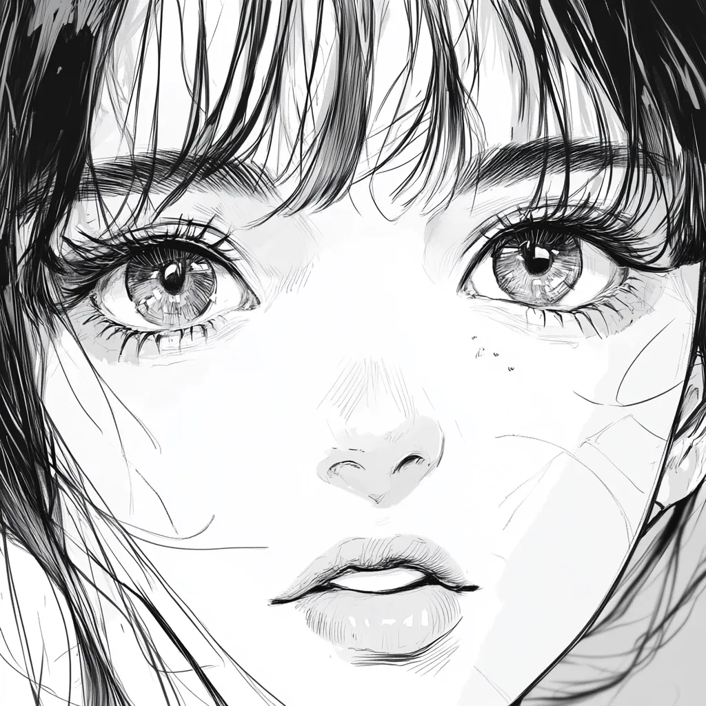 A close-up, black and white illustration of a young woman's face.  Her large eyes, long lashes, and slightly parted lips are emphasized.  Her hair, styled with bangs, frames her face.  Delicate lines suggest freckles and subtle shading adds depth. The style is reminiscent of manga or anime, with a focus on expressive eyes and soft features.  The overall impression is one of delicate beauty and quiet contemplation.