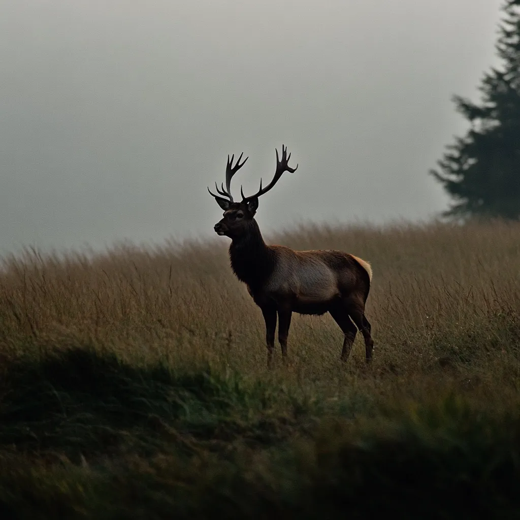 A majestic red deer stag stands in a tall grass field, silhouetted against a muted, overcast sky.  Its large antlers are prominent, and its dark brown coat blends with the landscape.  A solitary evergreen tree is visible in the background, adding depth to the scene. The overall mood is serene and atmospheric.