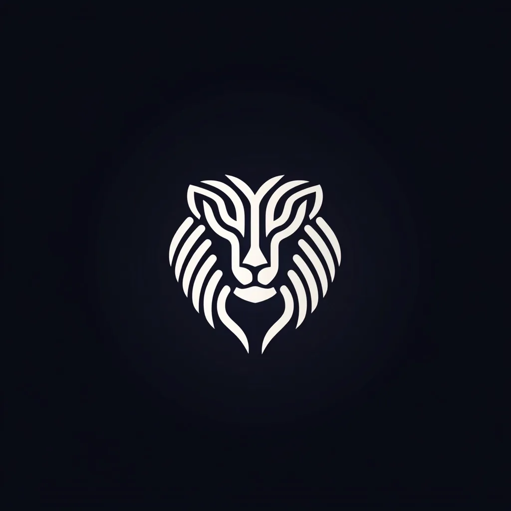 A stylized lion's head is presented against a dark background.  The design utilizes clean, white lines creating a geometric, almost tribal, interpretation of the majestic creature. The mane is depicted with parallel lines radiating outwards, while the facial features are simplified yet recognizable. The overall effect is modern and minimalist.