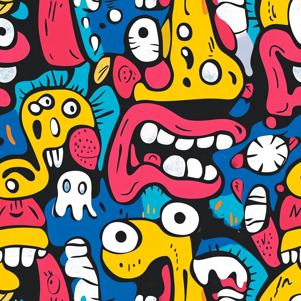 A vibrant, chaotic illustration features a multitude of cartoonish creatures and faces.  Bold outlines and bright colors—yellow, pink, blue—define the whimsical characters, which are densely packed together.  The style is reminiscent of graffiti art or doodles, with exaggerated features like large eyes and open mouths. The overall impression is one of playful energy and frenetic movement.