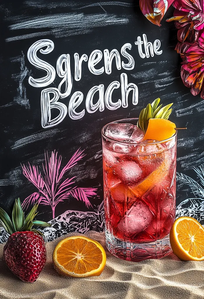 A refreshing summer cocktail sits on a sandy beach backdrop.  The drink, a vibrant red hue, is filled with ice and garnished with an orange slice and a sprig of greenery.  A chalkboard sign proclaims "Sgrens the Beach" in stylized lettering, accompanied by beach-themed drawings.  Strawberries and orange slices complete the scene, evoking a tropical, carefree atmosphere.