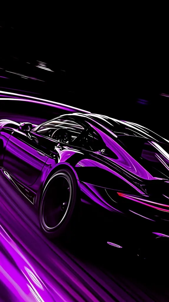 A vibrant purple sports car speeds along a dark road, leaving streaks of purple light in its wake. The car's sleek design and glossy finish are accentuated by the dramatic lighting, creating a dynamic and stylish image.  The motion blur adds a sense of speed and energy, emphasizing the car's powerful performance. The dark background further highlights the car's striking color.