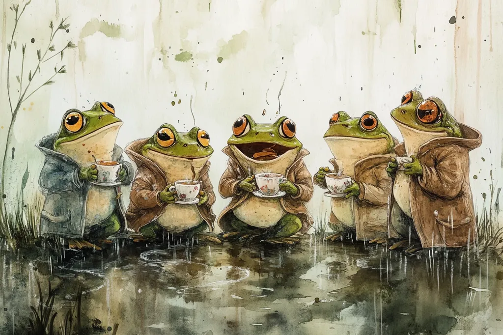 Five frogs, wearing coats, gather in a puddle on a rainy day. Each frog delicately holds a tiny teacup, creating a whimsical scene.  The artwork is rendered in watercolor, showcasing a charming and slightly melancholic atmosphere.  The frogs' expressions are serene as they enjoy their tea amidst the gentle rain.  The background hints at a natural setting, with muted greens and browns.