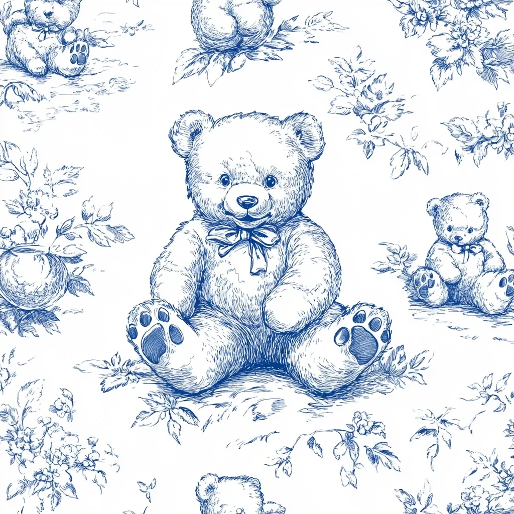 A charming blue and white toile pattern features adorable teddy bears in various poses, interspersed with delicate floral designs.  The sketch-like style of the bears adds a whimsical touch, creating a sweet and sophisticated fabric perfect for nursery decor or home furnishings.  Small, detailed blossoms and leaves complete the idyllic scene.