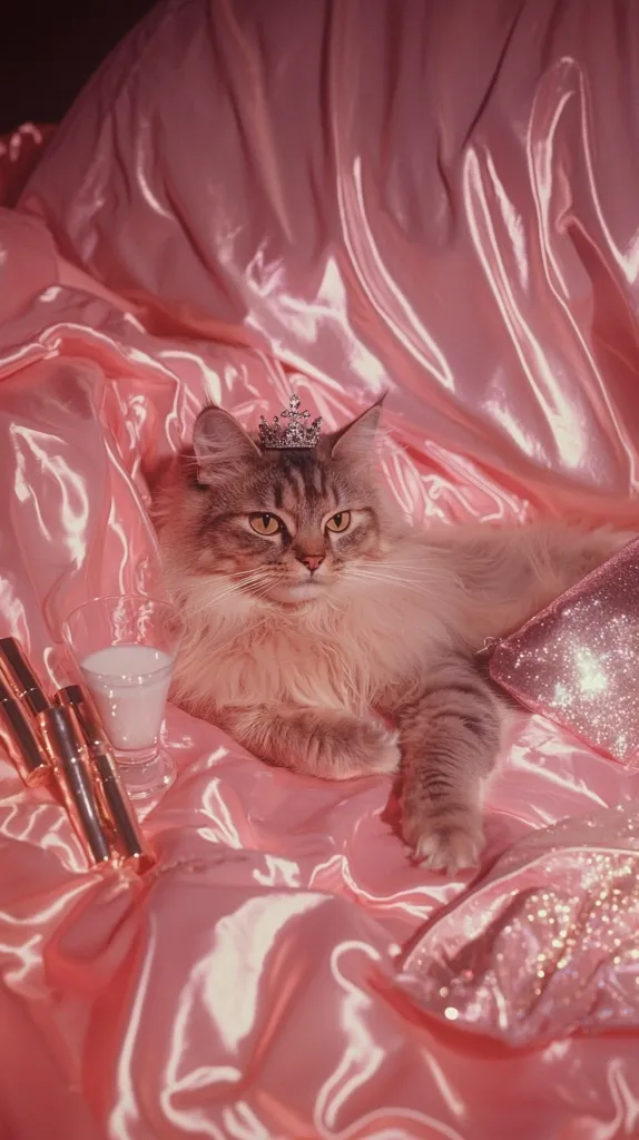 A fluffy gray cat, adorned with a tiny crown, lounges majestically on a bed of luxurious pink satin.  A glass of milk and rose gold lipstick tubes are nearby, adding to the glamorous, feminine aesthetic. The overall image is soft, romantic, and evokes a feeling of pampered luxury.