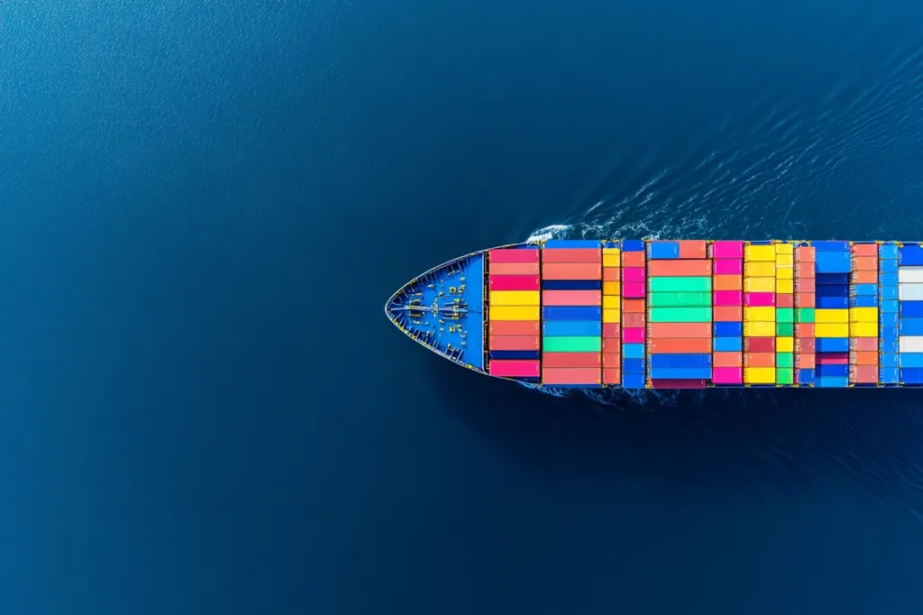 An aerial view captures a vibrant container ship traversing a deep blue ocean.  The ship's cargo containers are stacked in a colorful array of reds, oranges, yellows, greens, and blues.  The vessel cuts a path through the water, leaving a gentle wake behind it. The scene evokes a sense of global trade and maritime transport.