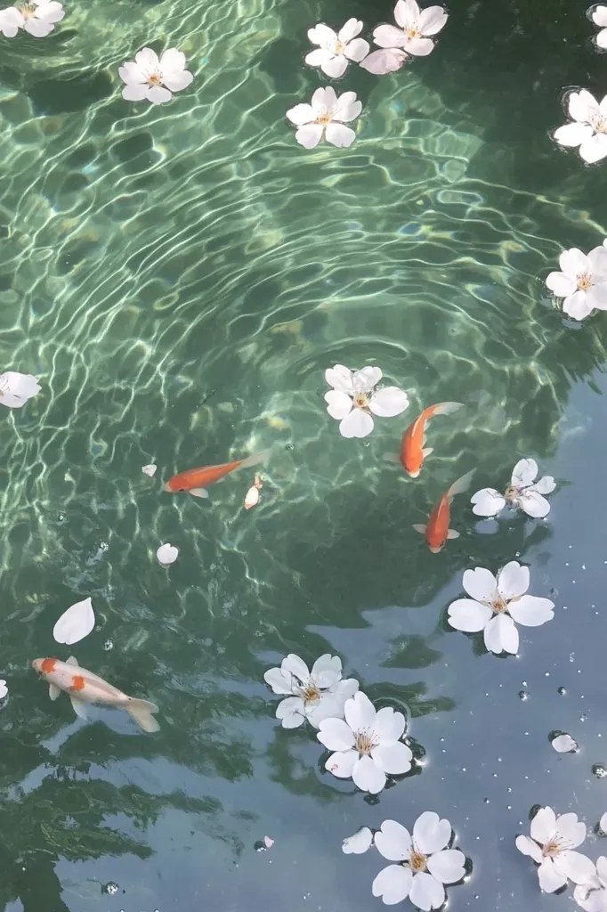 Serene pond water, a tranquil teal, is adorned with delicate white cherry blossoms floating gently on the surface.  Three orange koi fish swim peacefully beneath, their scales shimmering.  Petals drift lazily, creating a picturesque scene of harmony and natural beauty. The overall aesthetic is calming and aesthetically pleasing.