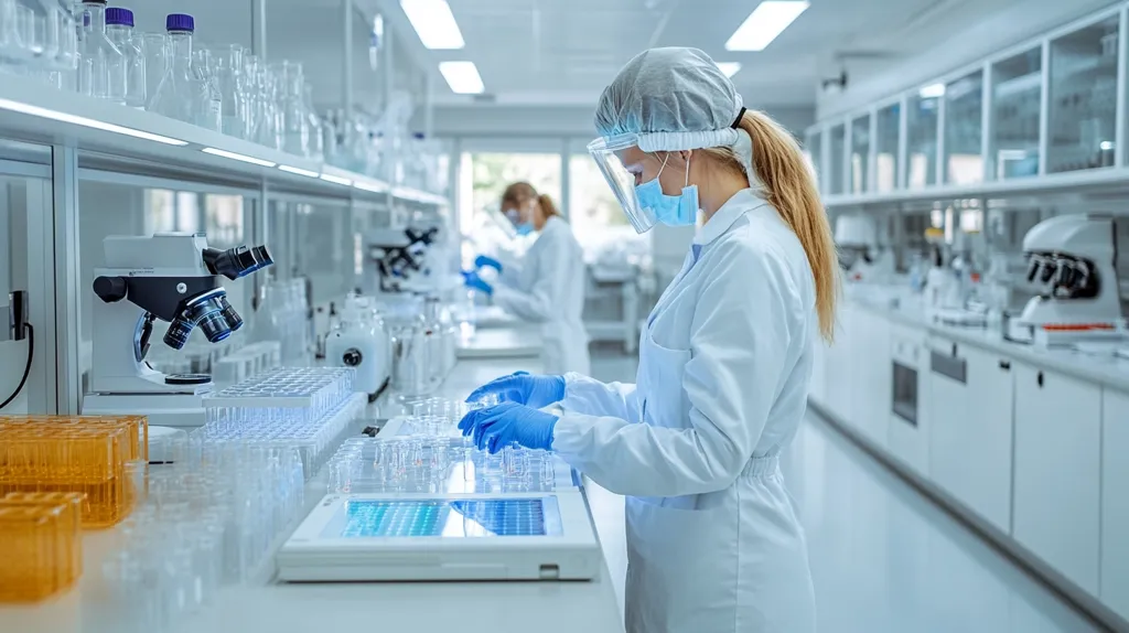 A female scientist, wearing a lab coat, face shield, and mask, carefully handles samples in a modern, bright laboratory.  Another scientist works in the background.  The lab is equipped with microscopes and numerous containers, showcasing a sterile and technologically advanced environment.  The overall scene depicts meticulous scientific work.