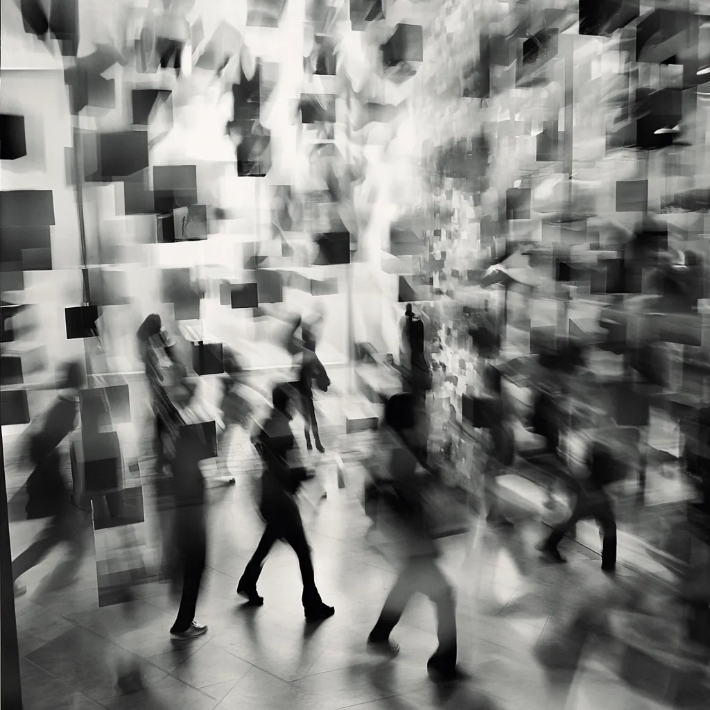 A black and white, motion-blurred photograph captures a bustling scene within a modern art gallery.  Numerous figures, indistinct and in motion, are surrounded by a wall of fragmented, geometric shapes. The overall effect is one of dynamic energy and the transient nature of experience, emphasizing the movement of people through space. The grayscale palette further enhances the abstract quality of the image.